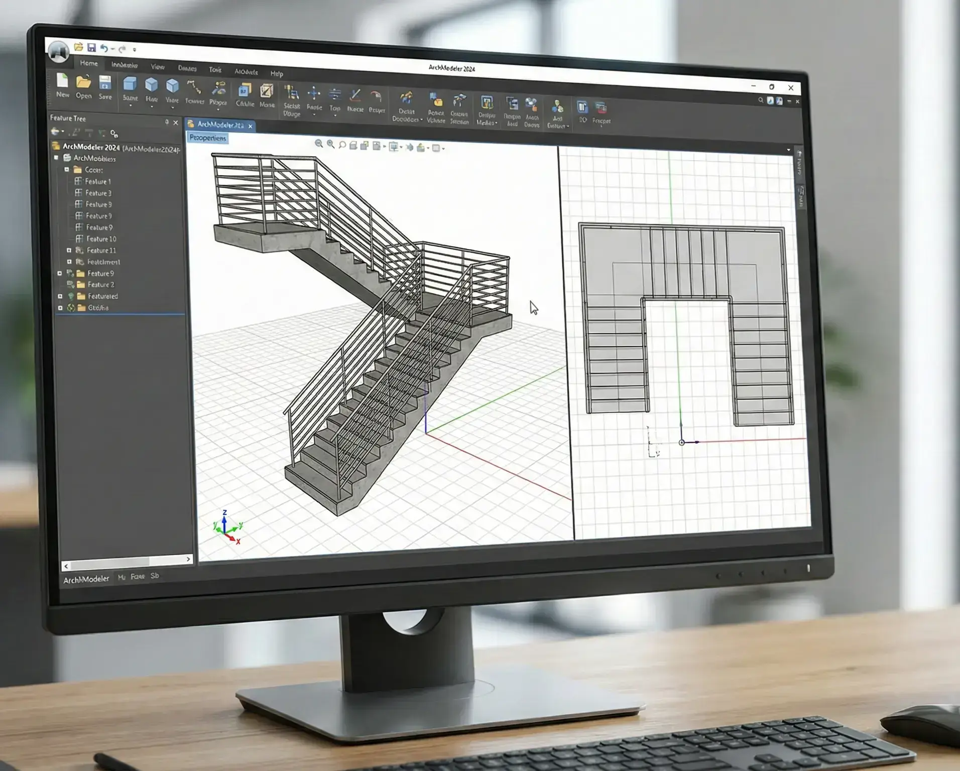 Monitor komputera wyświetlający model 3D klatki schodowej przygotowywany do przeprowadzenia analizy CFD i symulacji oddymiania.