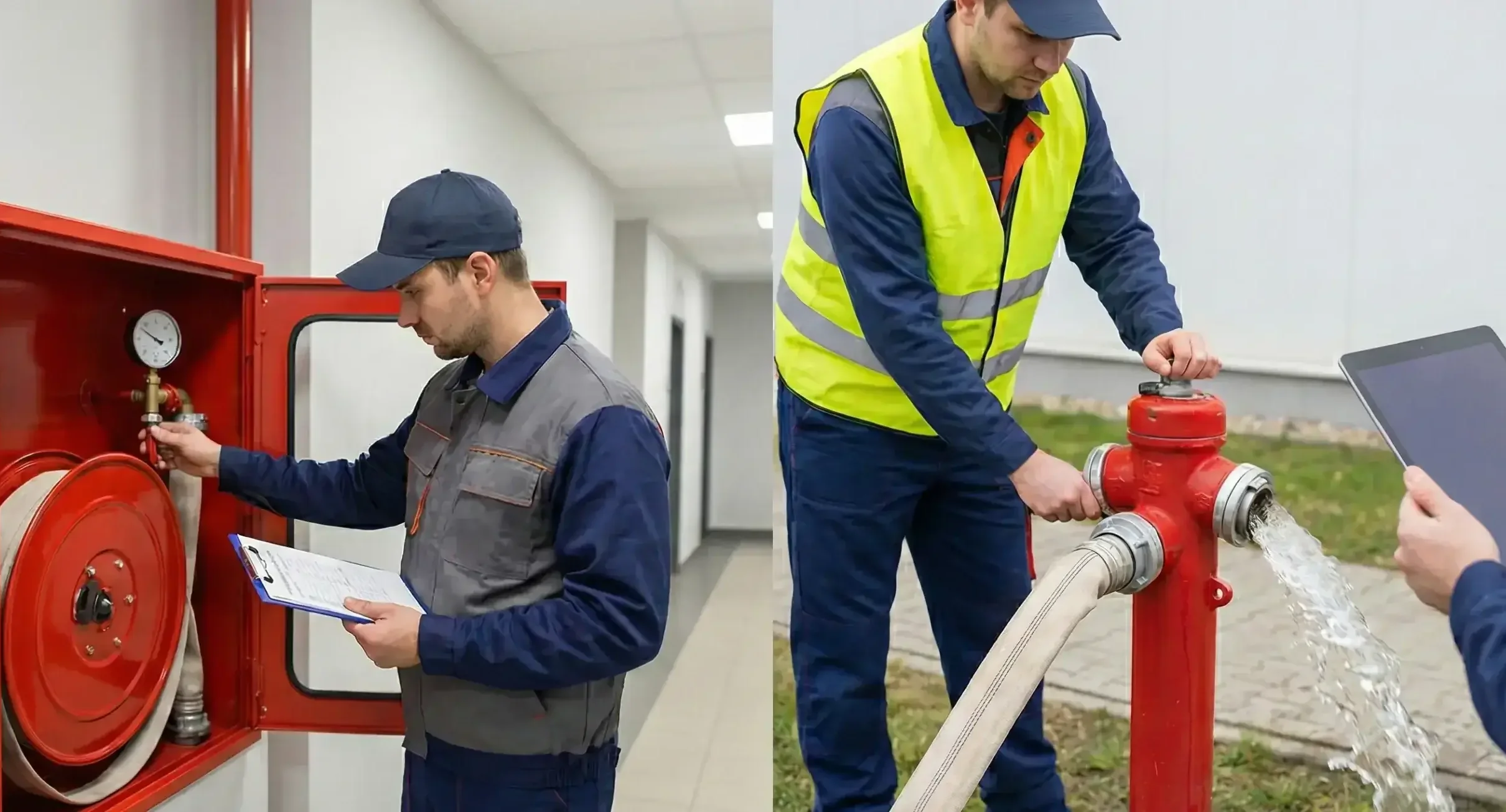 Inspekcja szafki hydrantowej wewnątrz budynku oraz pomiar ciśnienia na hydrancie zewnętrznym.