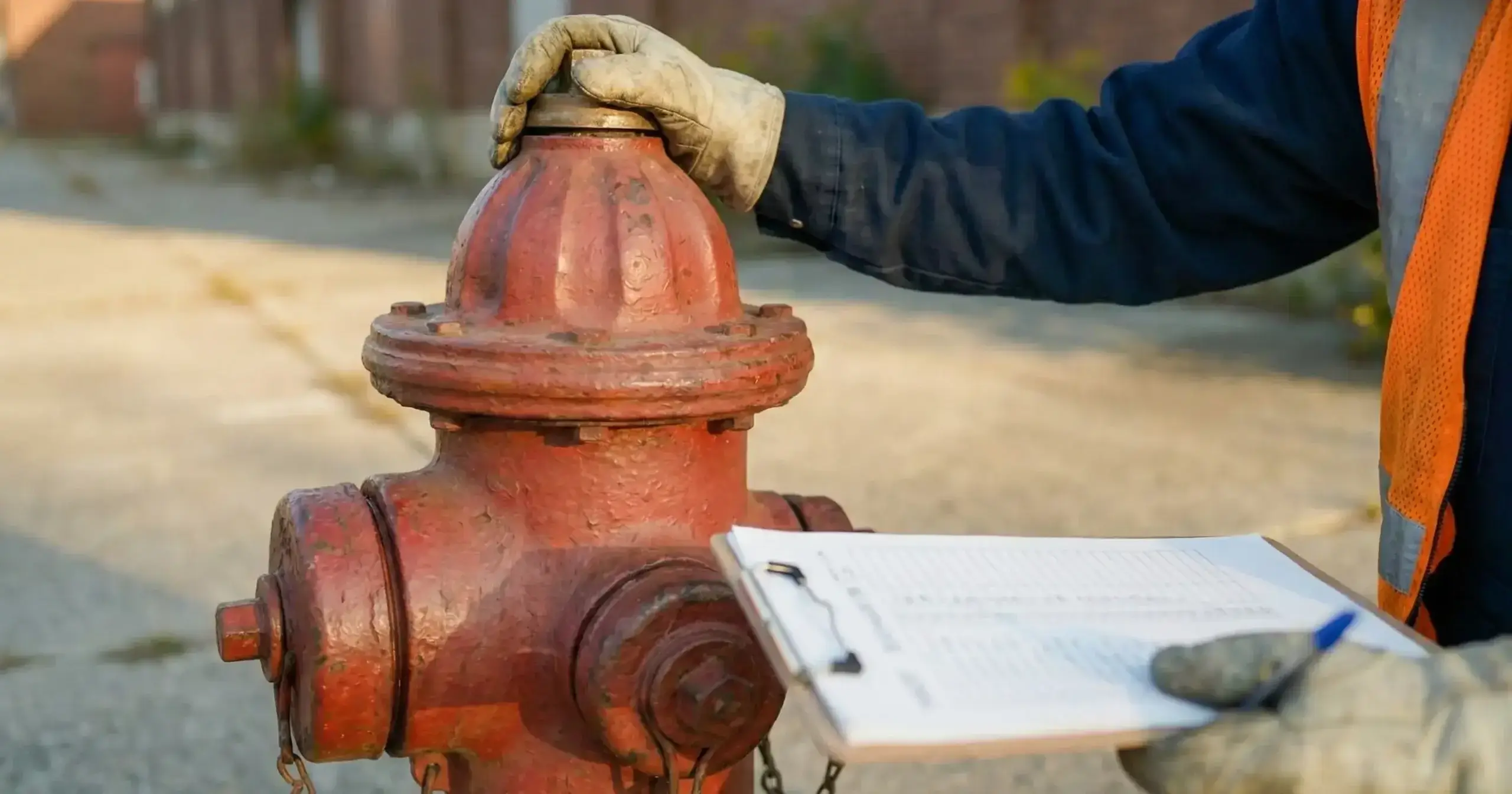 Przegląd techniczny hydrantu zewnętrznego nadziemnego. Inspektor weryfikuje stan techniczny urządzenia i wypełnia protokół badania.