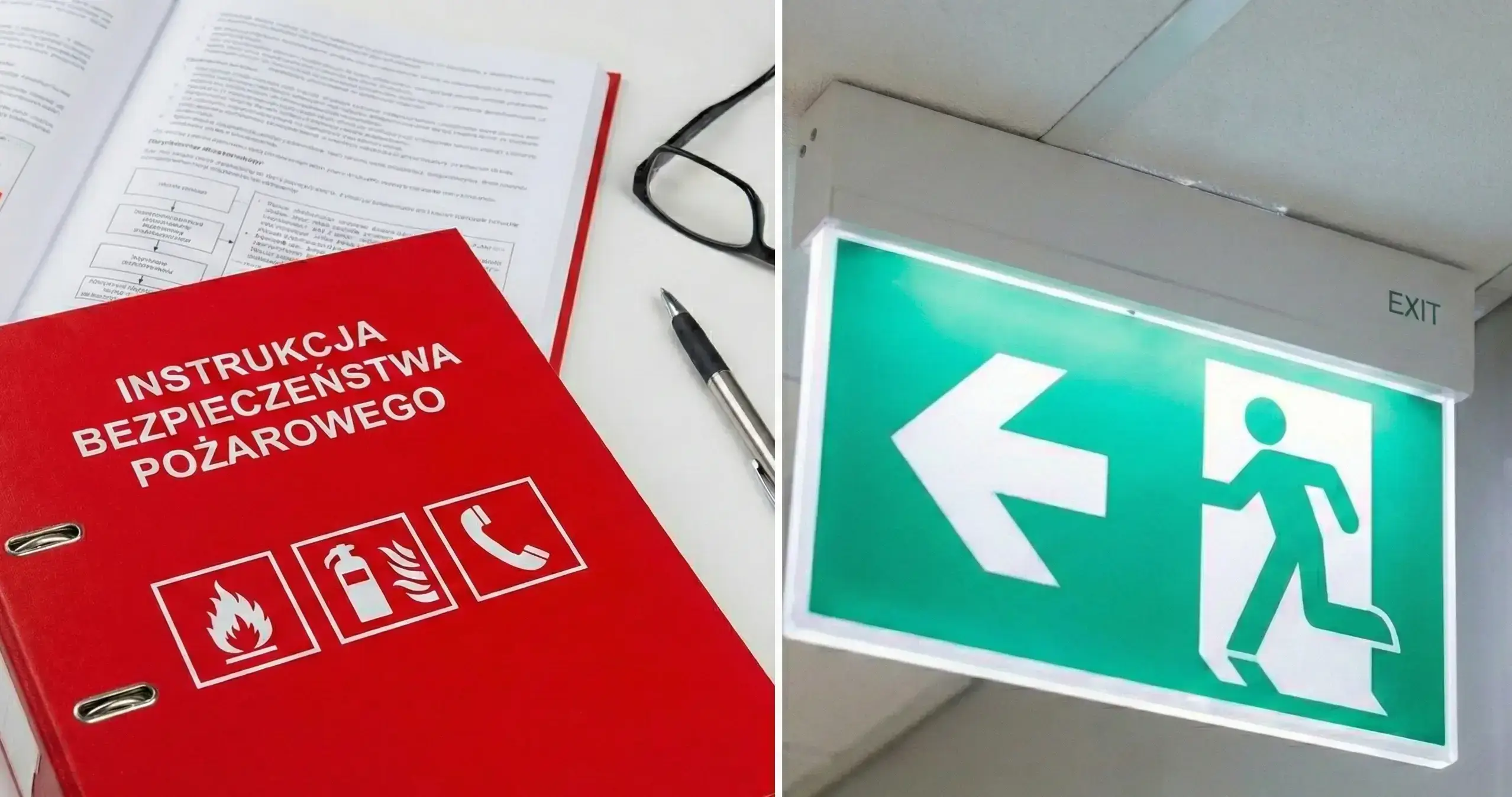 czerwony segregator z Instrukcją Bezpieczeństwa Pożarowego oraz podświetlany znak wyjścia ewakuacyjnego (oświetlenie awaryjne)