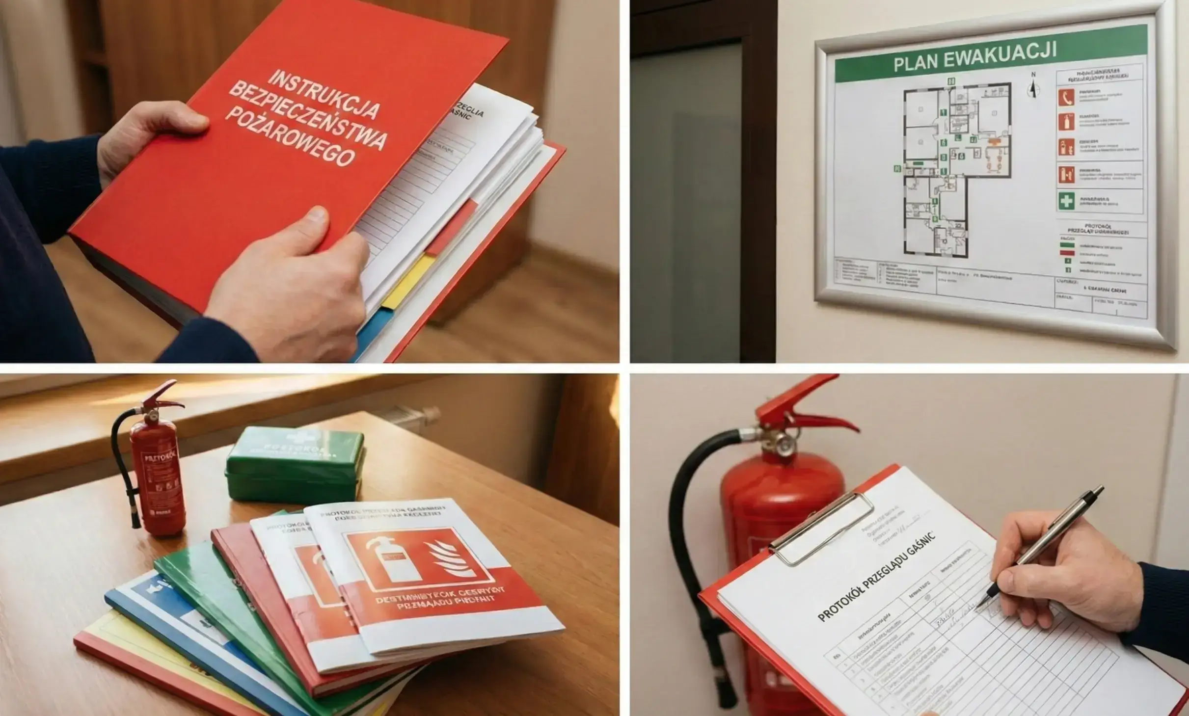 Kolaż usług przeciwpożarowych: Instrukcja Bezpieczeństwa Pożarowego, plan ewakuacji budynku, wyposażenie ppoż oraz serwisant wypełniający protokół przeglądu technicznego gaśnic.