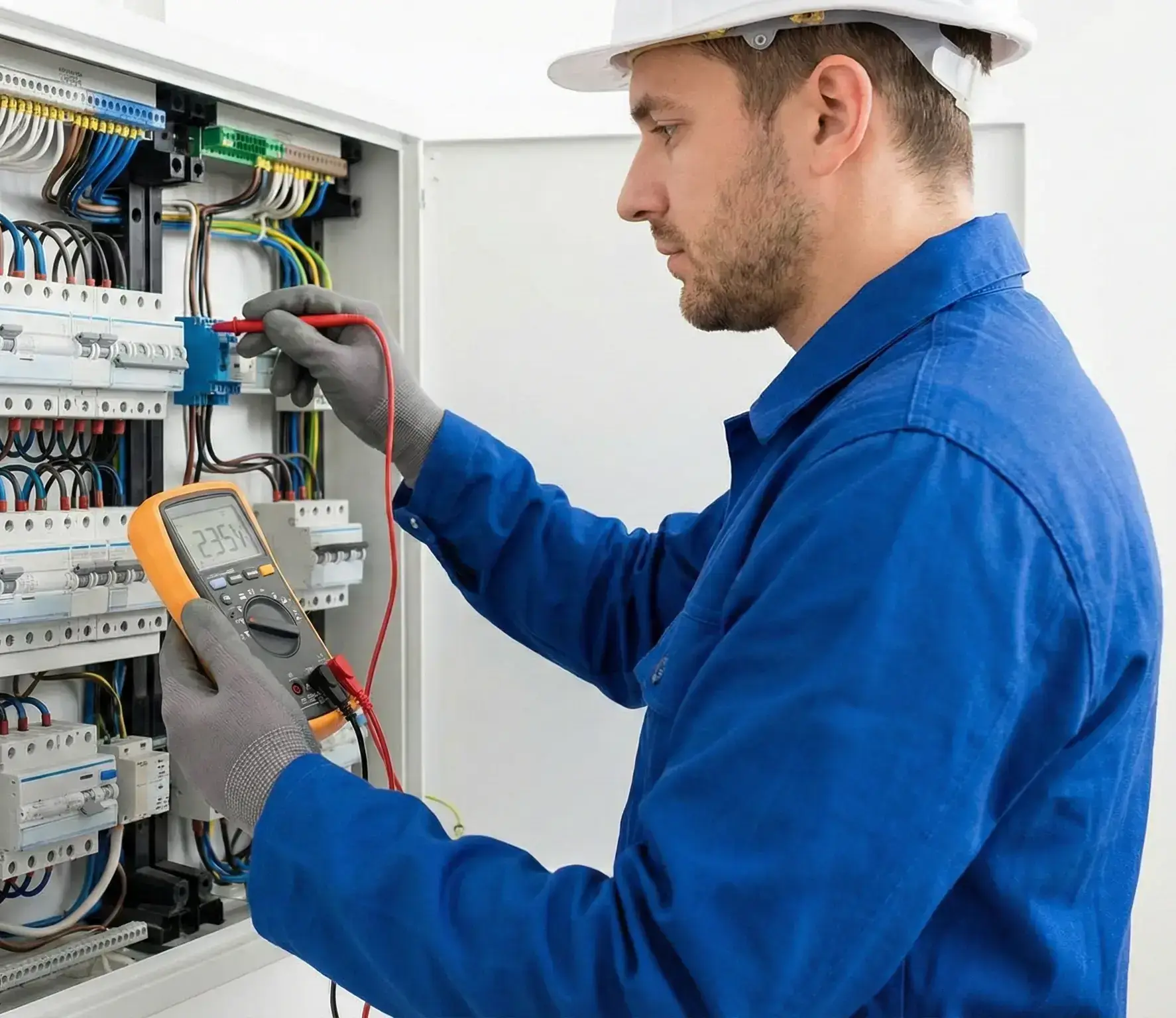Elektryk wykonujący pomiary ochronne instalacji: sprawdzanie parametrów w rozdzielnicy elektrycznej przy użyciu profesjonalnego multimetru.