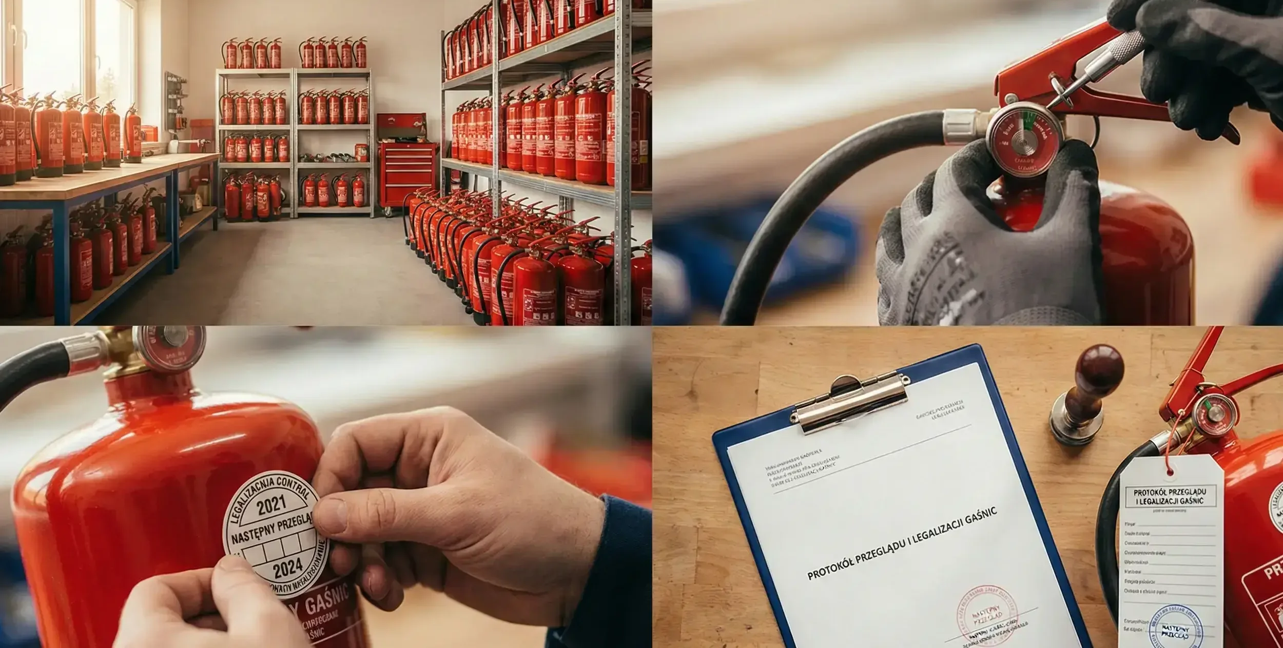 Czynności serwisowe ppoż: magazynowanie sprzętu, kontrola ciśnienia, aktualizacja naklejki legalizacyjnej oraz wypełnienie protokołu przeglądu i legalizacji gaśnic.