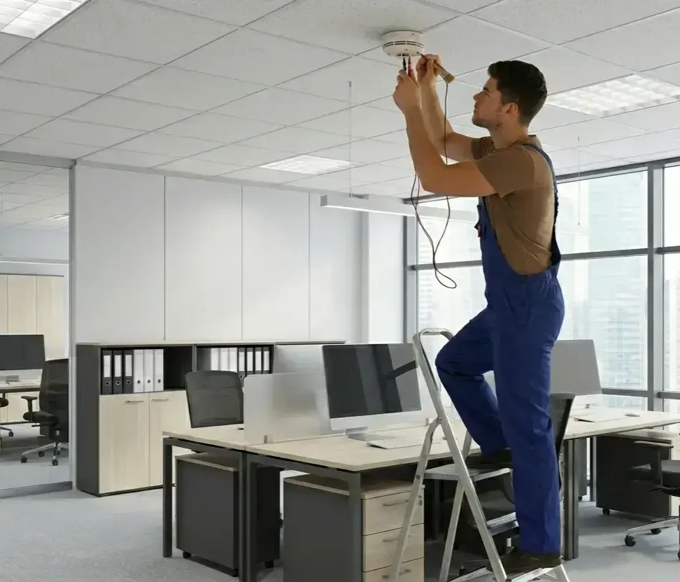 Serwisant wykonujący przegląd instalacji przeciwpożarowej, testowanie i konserwacja czujek dymu