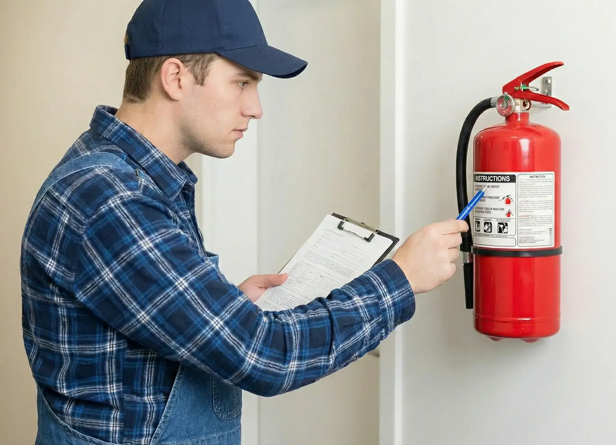 Serwisant wykonujący przegląd gaśnicy: weryfikacja etykiety instrukcji i stanu technicznego urządzenia.