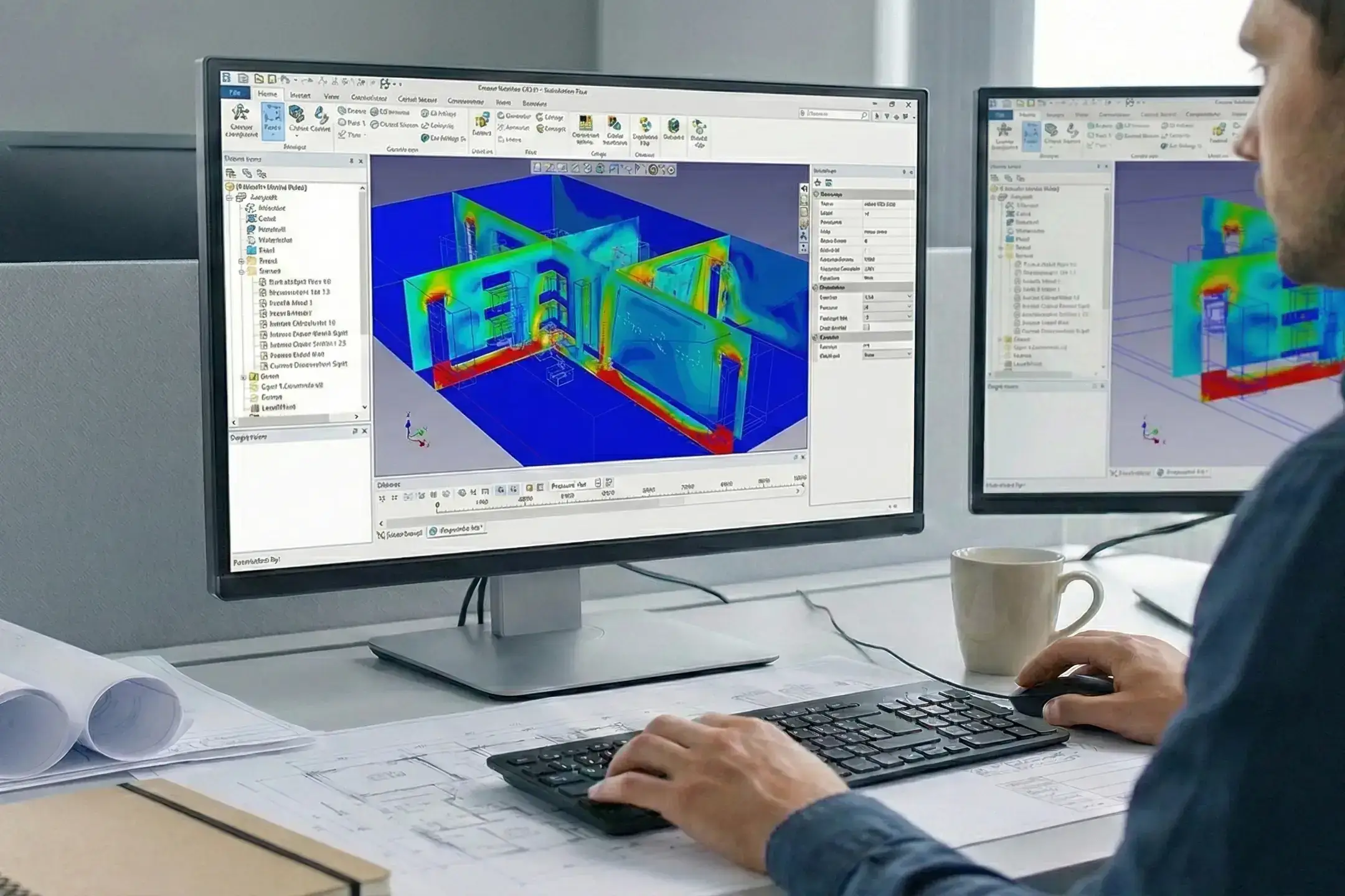 Inżynier bezpieczeństwa pożarowego analizujący wyniki symulacji CFD . Widoczne mapy przepływu dymu i temperatury w modelu 3D budynku.