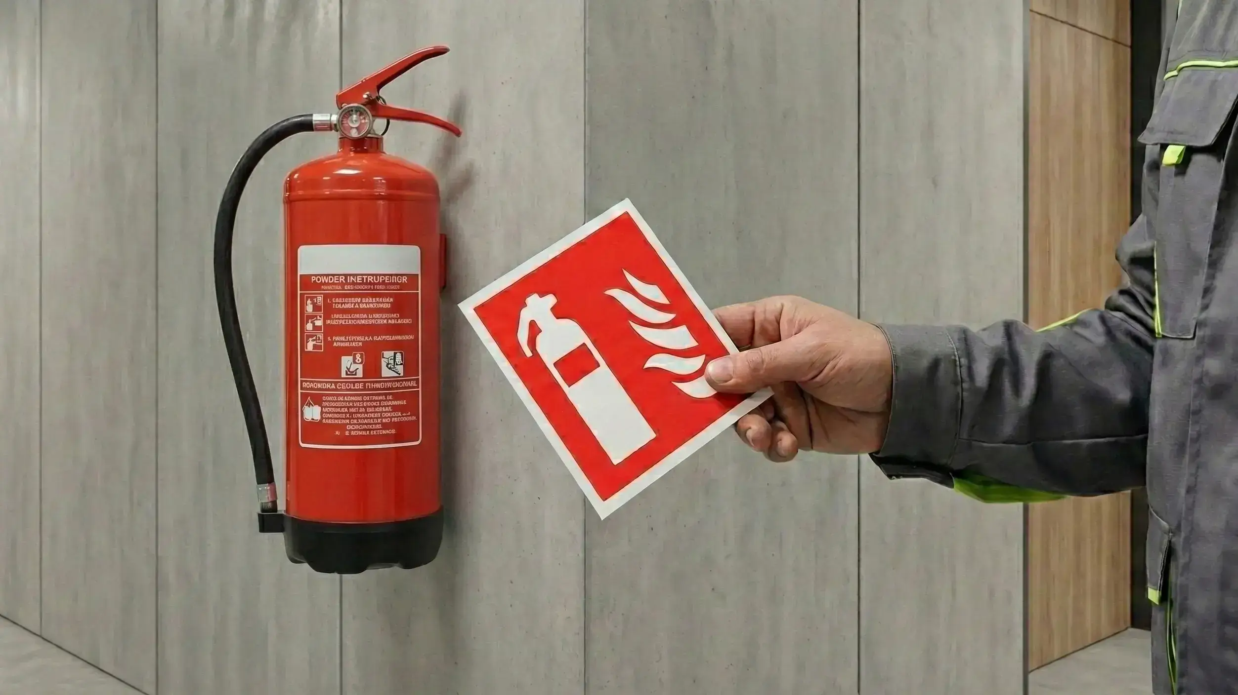 Oznakowanie sprzętu ppoż: pracownik serwisu umieszcza znak ochrony przeciwpożarowej „Gaśnica” obok urządzenia gaśniczego zamontowanego na ścianie.