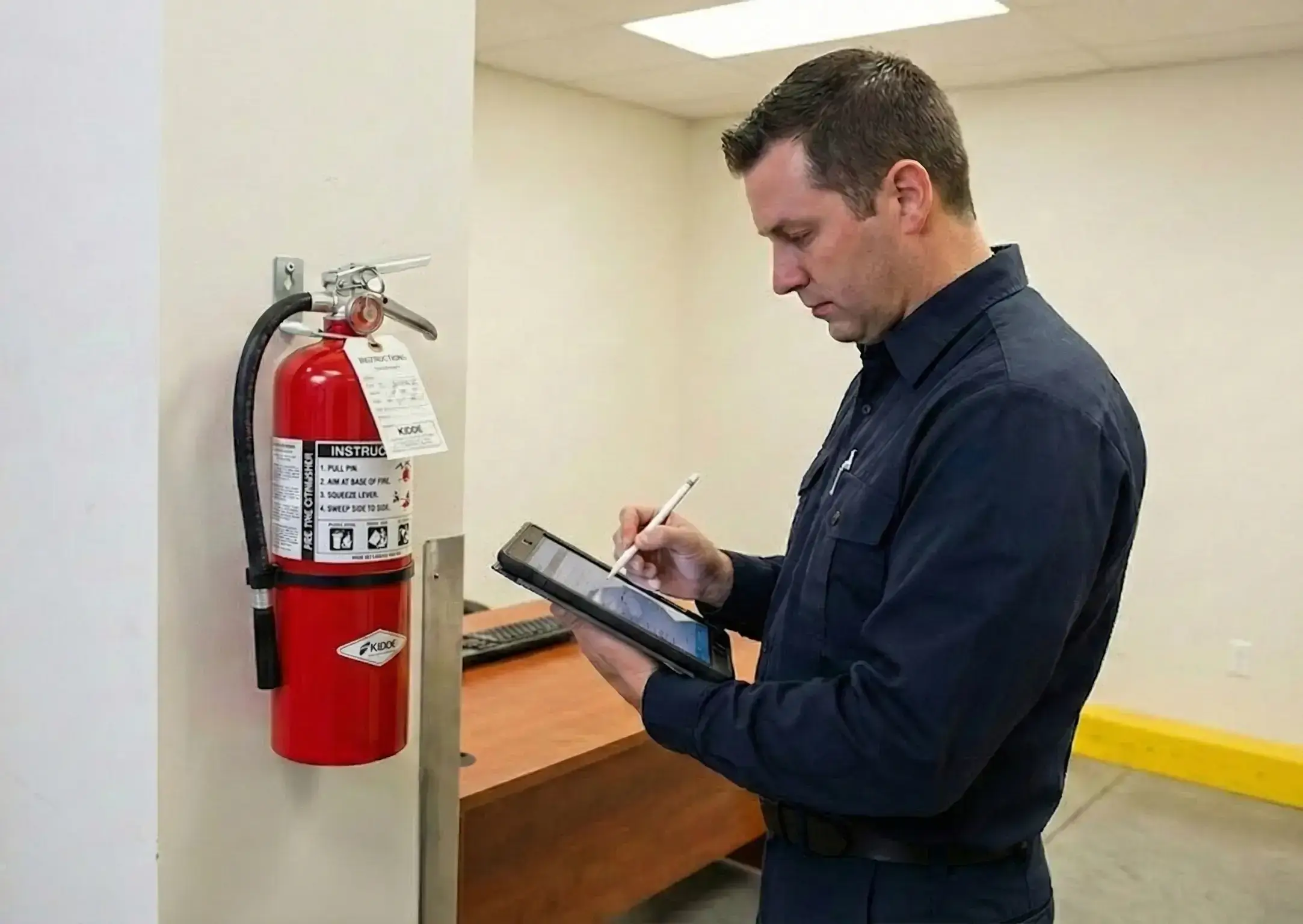 Serwisant PPOŻ sprawdzający stan techniczny gaśnicy proszkowej w biurze