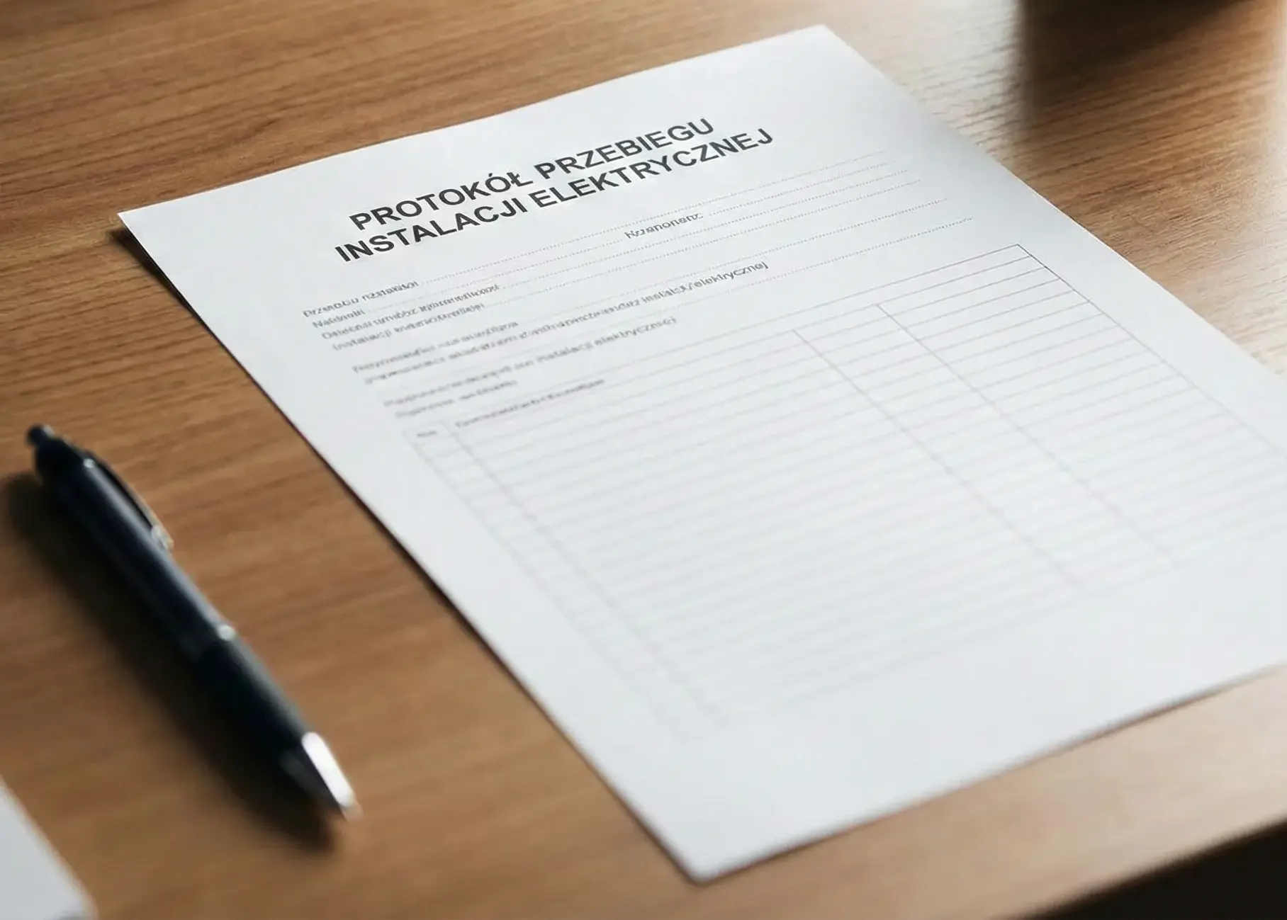 Dokument "Protokół przebiegu instalacji elektrycznej" leżący na biurku - wynik okresowych badań i pomiarów instalacji w budynku.