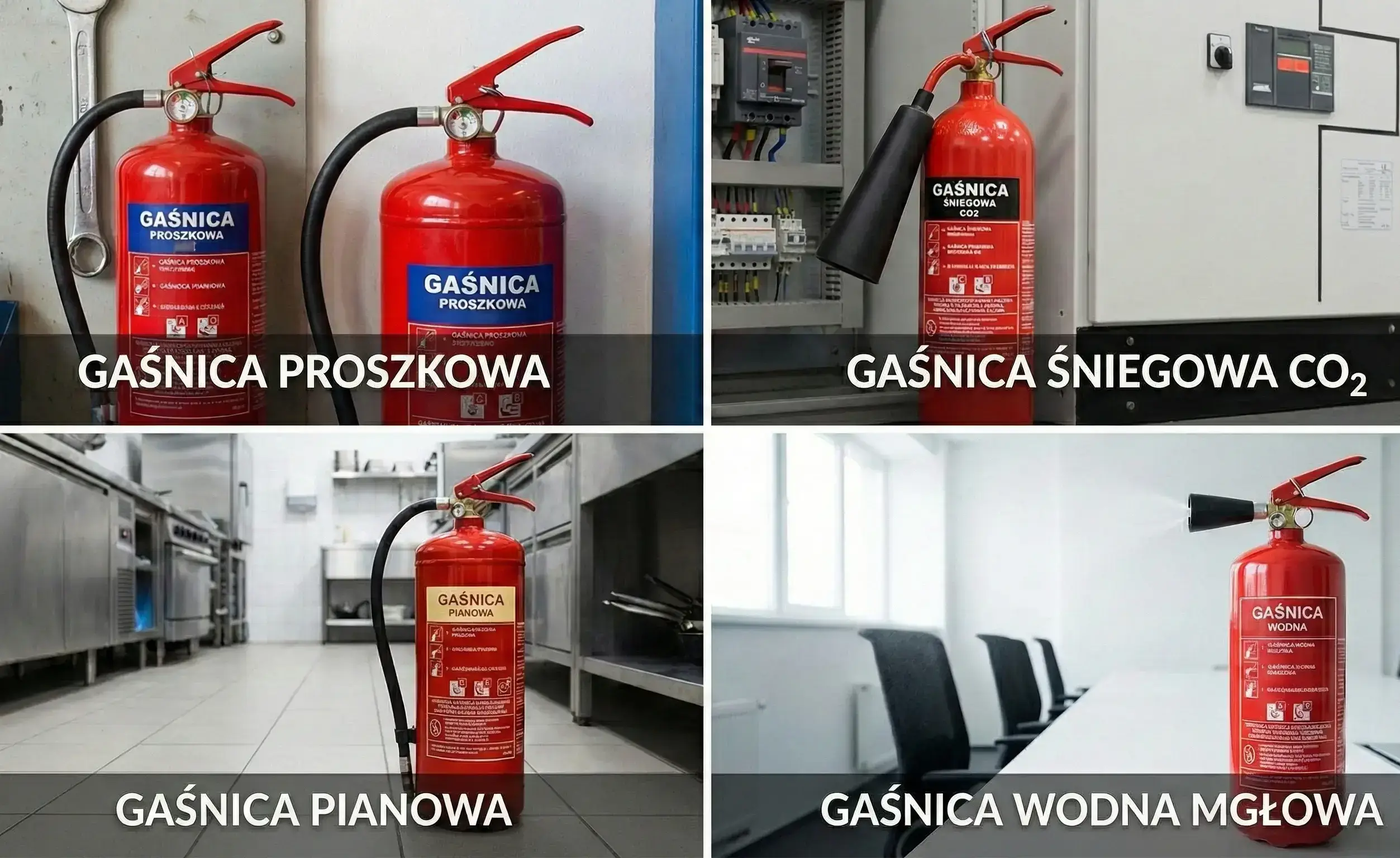 Zestawienie czterech typów gaśnic: gaśnica proszkowa, gaśnica śniegowa (CO2) przy instalacji elektrycznej, gaśnica pianowa w gastronomii oraz gaśnica wodna mgłowa w biurze.