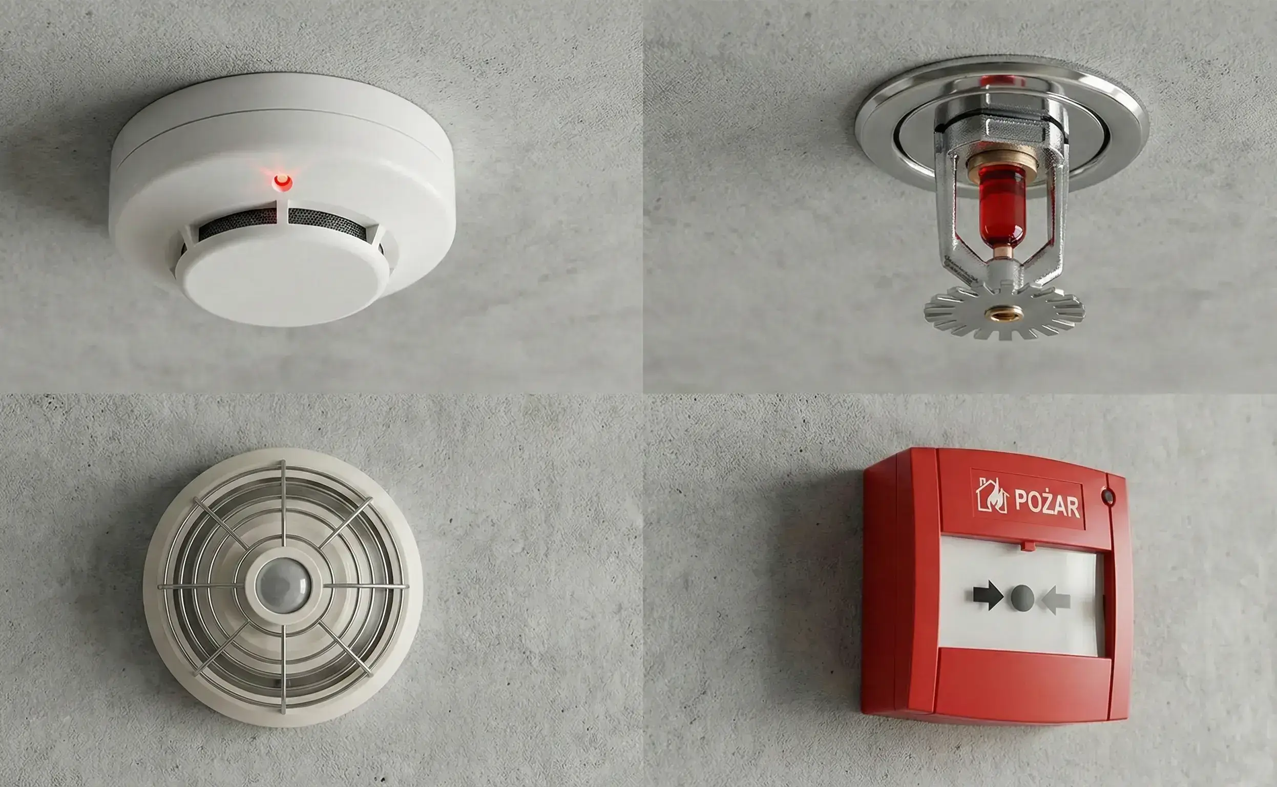 urządzenia instalacji przeciwpożarowych: czujka dymu, głowica tryskaczowa, sygnalizator dźwiękowy w osłonie oraz Ręczny Ostrzegacz Pożarowy.