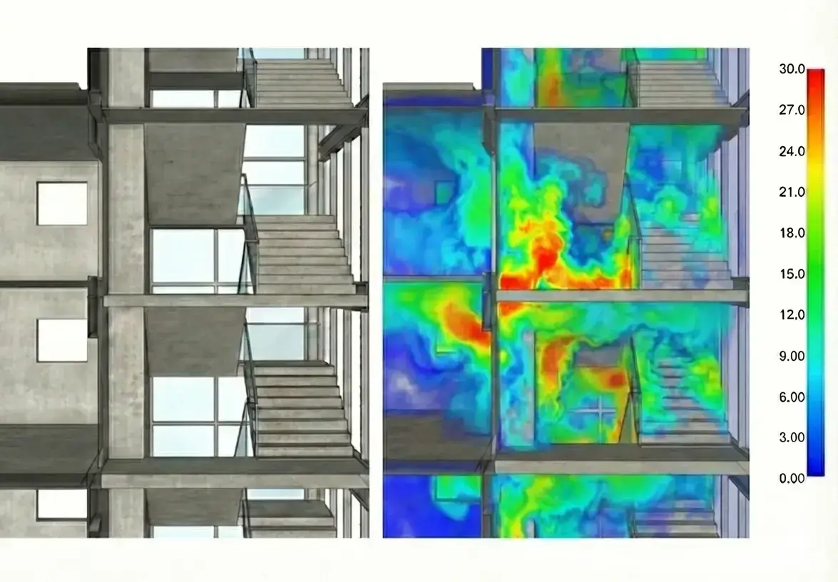 Symulacja komputerowa oddymiania pionowych dróg ewakuacyjnych - przekrój przez klatkę schodową ukazujący stężenie dymu w trakcie pożaru.
