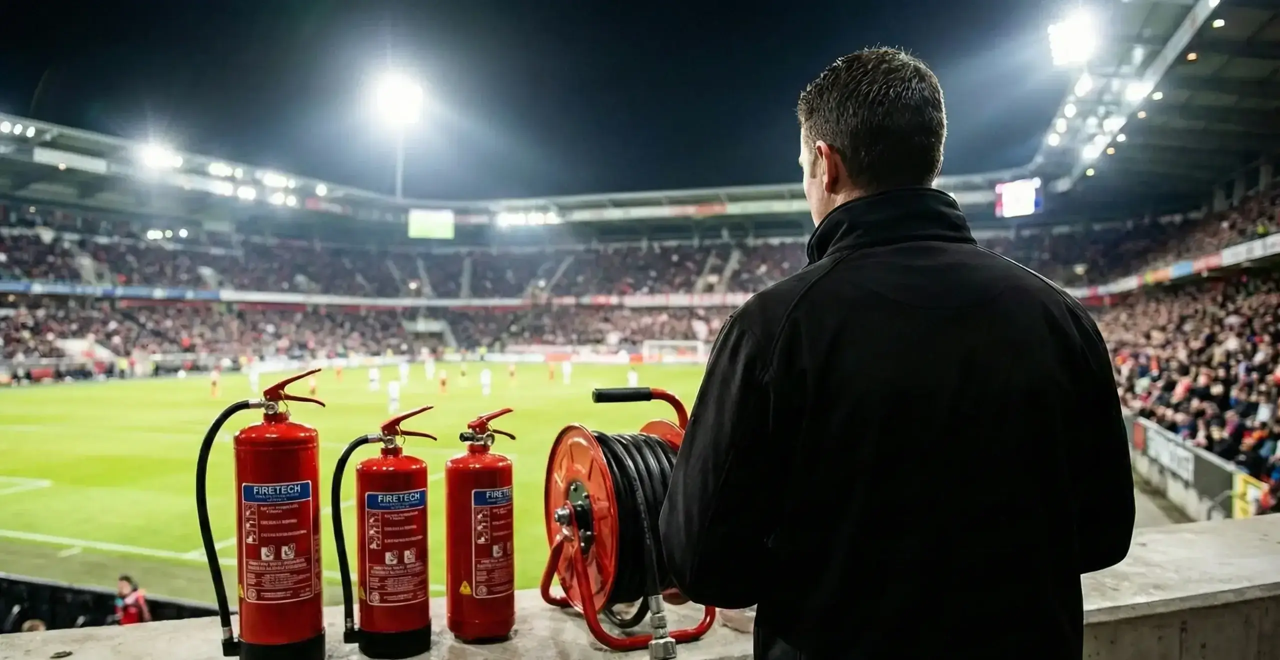 Inspektor ochrony przeciwpożarowej czuwający nad bezpieczeństwem podczas meczu na stadionie. Na pierwszym planie widoczne gaśnice i wąż strażacki gotowe do użycia.
