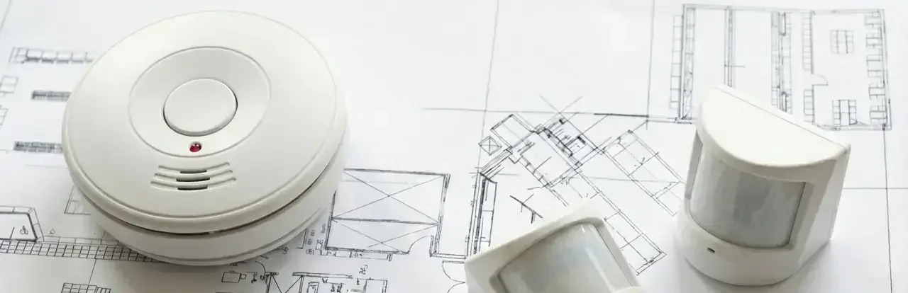 czujka dymu oraz czujki ruchu ułożone na rysunku technicznym budynku