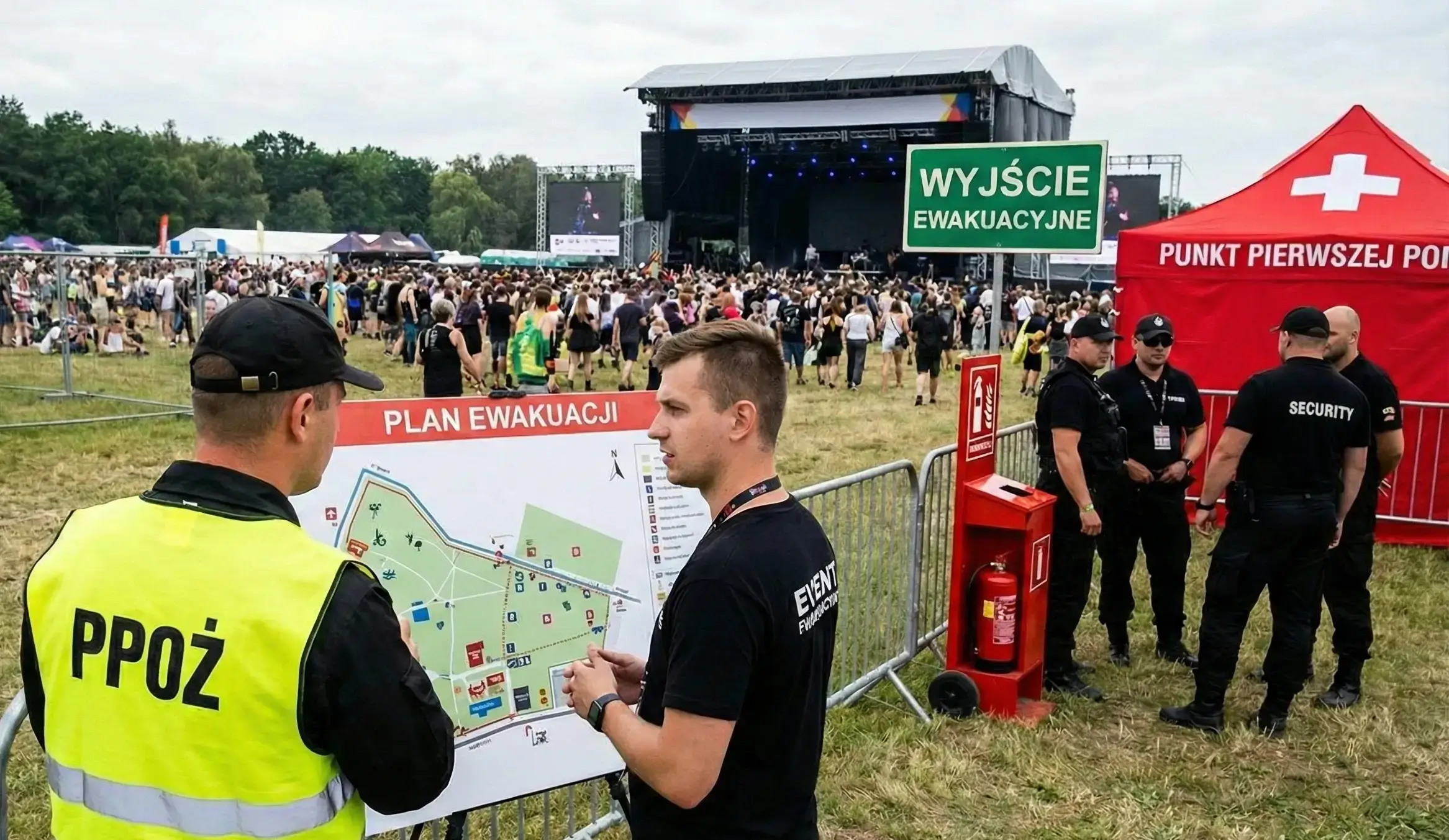 koordynator w kamizelce PPOŻ omawia plan ewakuacji terenu. W tle widoczny punkt pierwszej pomocy, służby ochrony oraz oznakowanie wyjścia ewakuacyjnego