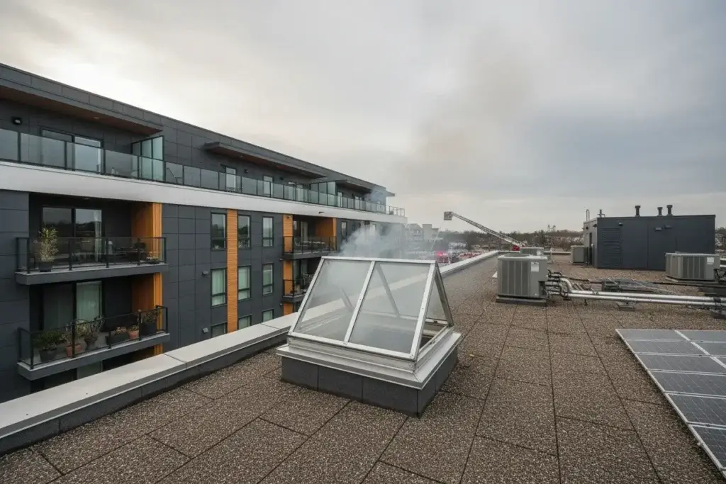 Działanie systemu oddymiania grawitacyjnego. Otwarta przeszklona klapa dymowa na płaskim dachu nowoczesnego budynku, wypuszczająca zgromadzony dym na zewnątrz.