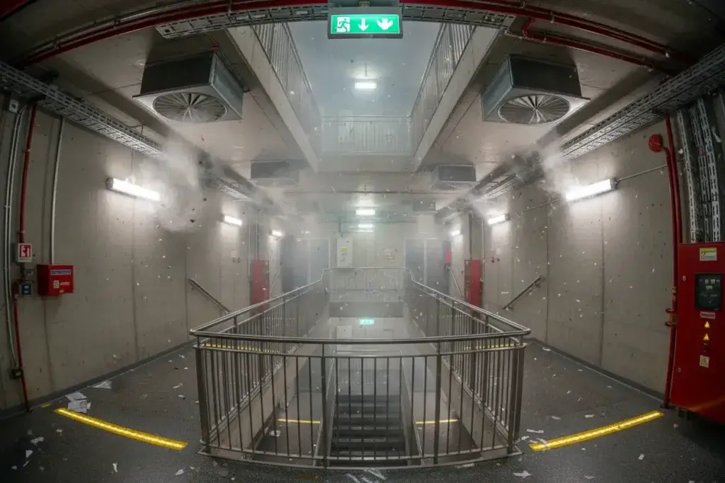 Test systemu oddymiania mechanicznego na klatce schodowej. Widoczne duże wentylatory wyciągowe pod sufitem, które usuwają gęsty dym z betonowego korytarza