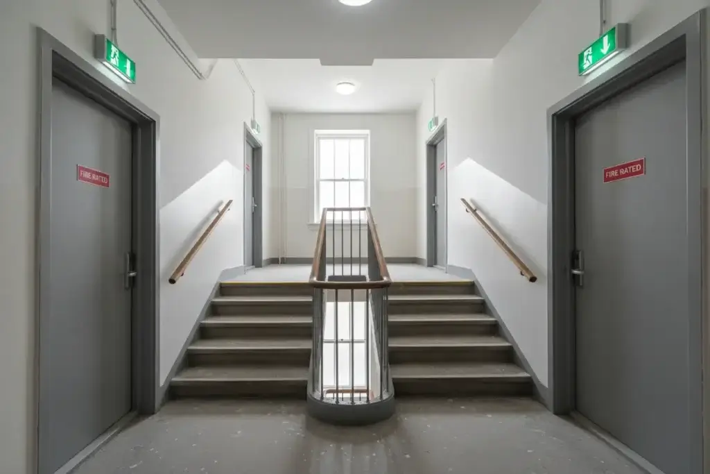 Jasna klatka schodowa pełniąca funkcję bezpiecznej drogi ewakuacyjnej