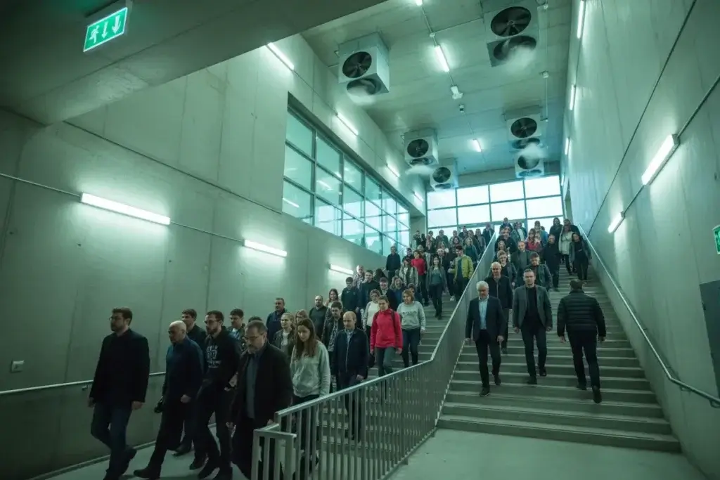 Duża grupa ludzi spokojnie schodząca po szerokich, betonowych schodach wewnątrz nowoczesnego budynku. Nad klatką schodową widoczny jest podświetlany, zielony znak wyjścia ewakuacyjnego, wskazujący kierunek ucieczki.