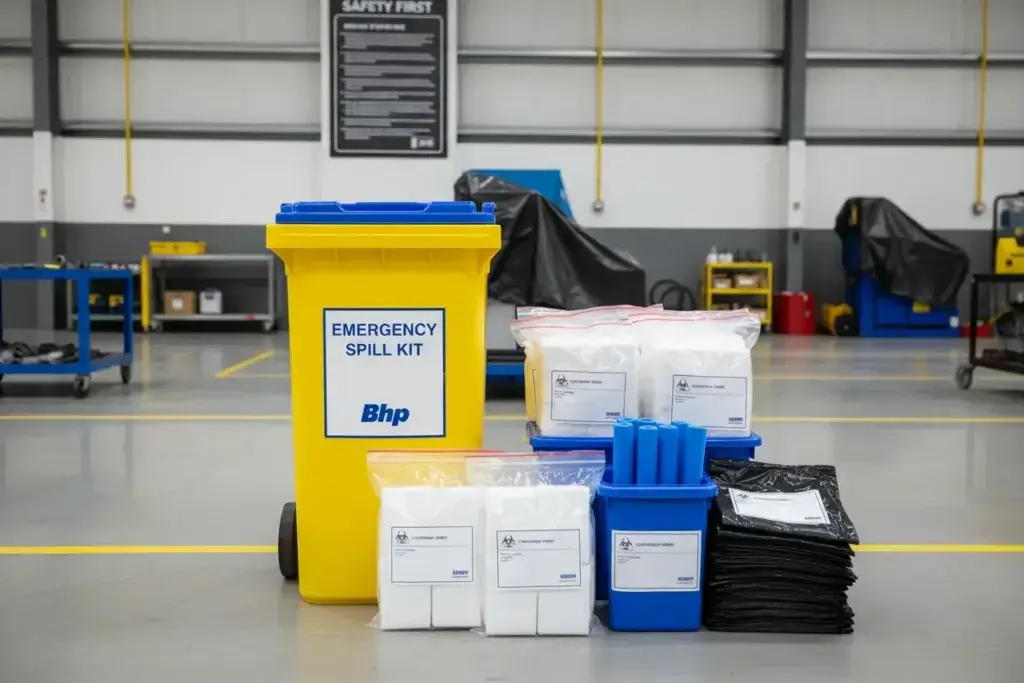 Kompletny zestaw awaryjny do neutralizacji wycieków chemicznych przygotowany do użycia w zakładzie produkcyjnym.