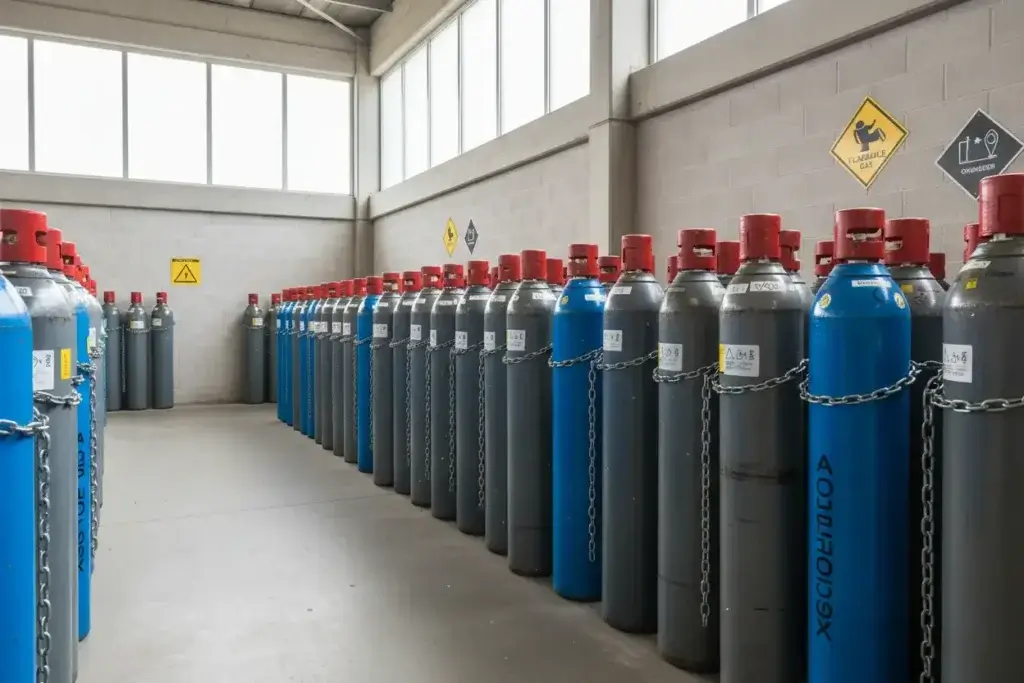 Przestronny magazyn wewnętrzny w zakładzie przemysłowym. Długie rzędy szarych i niebieskich butli z gazami