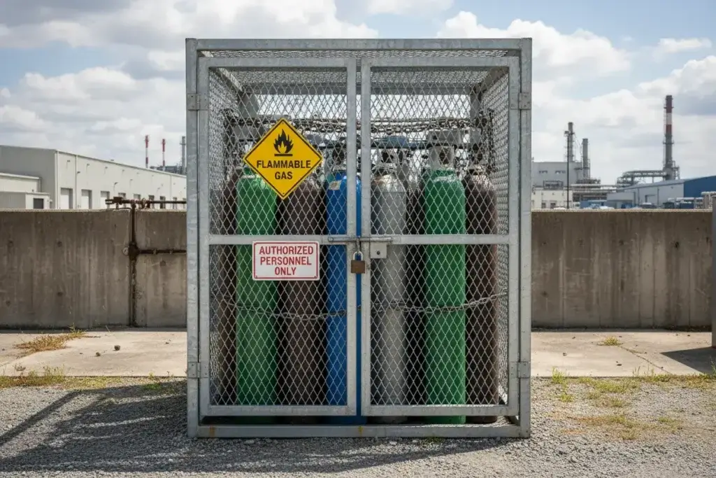 Zamknięta na kłódkę, zewnętrzna klatka z metalowej siatki, w której bezpiecznie przechowywane są kolorowe butle z gazami