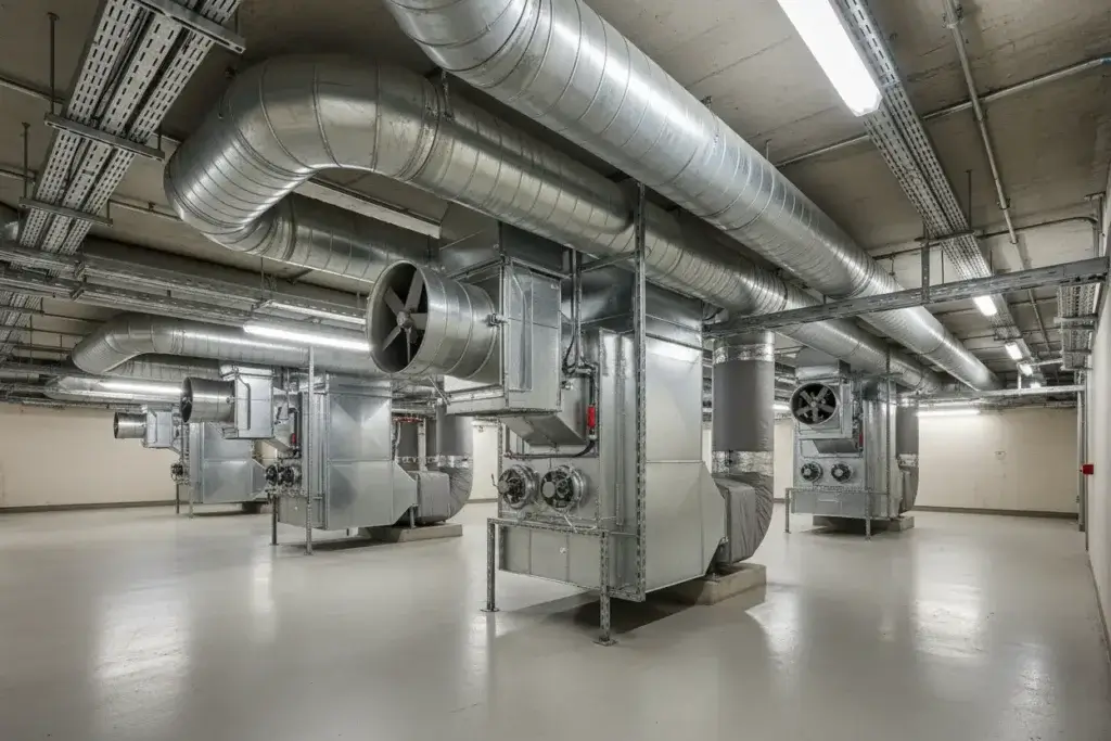 Przestronne pomieszczenie techniczne wypełnione rozbudowanym systemem wentylacji mechanicznej.