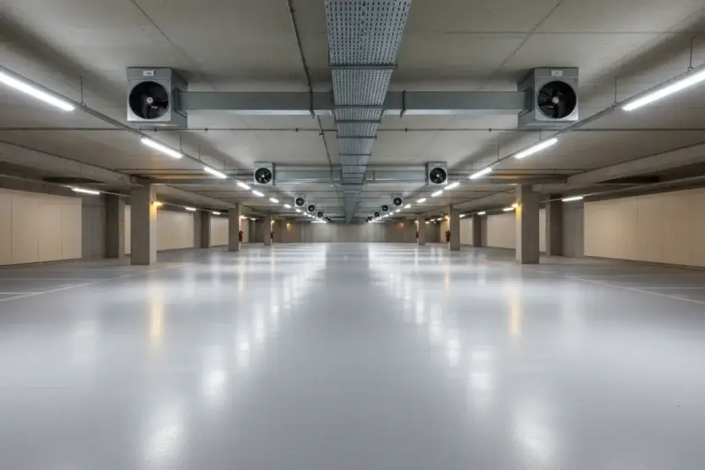 Pusty, dobrze oświetlony parking podziemny z jasną posadzką. Pod betonowym sufitem rozciąga się liniowo zamontowany system wentylatorów strumieniowych