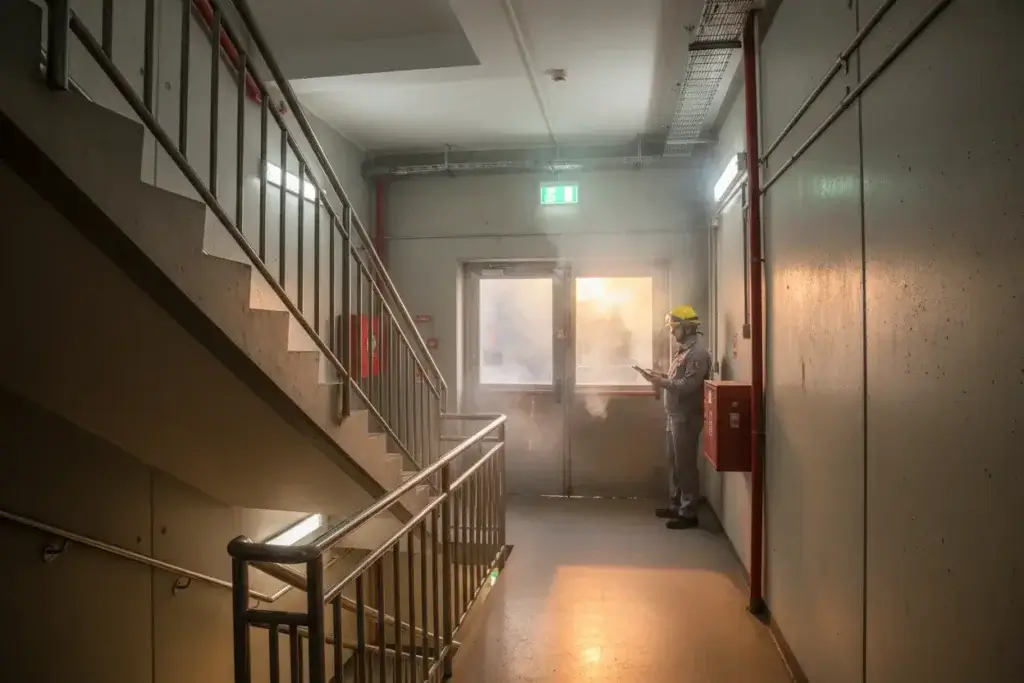 Inspektor PPOŻ w kasku ochronnym z tabletem w dłoni nadzoruje test szczelności drzwi przeciwpożarowych na klatce schodowej.