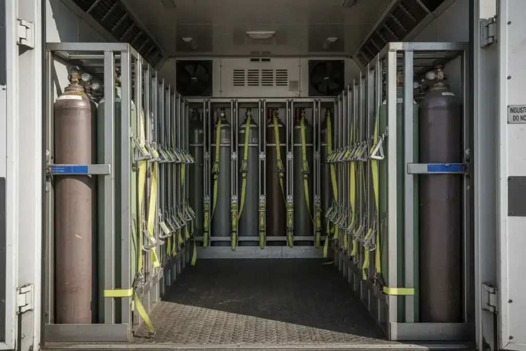 Wnętrze specjalistycznego pojazdu przystosowanego do transportu materiałów niebezpiecznych