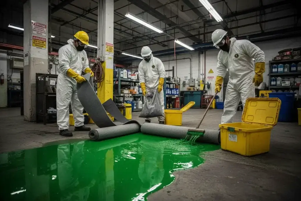 Trzech pracowników w białych kombinezonach ochronnych, kaskach i maskach neutralizuje duży wyciek zielonej substancji chemicznej na posadzce hali produkcyjnej.