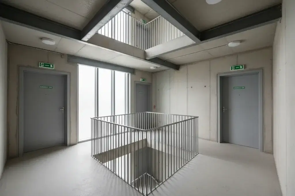 Betonowa klatka schodowa pełniąca funkcję wydzielonej drogi ewakuacyjnej.