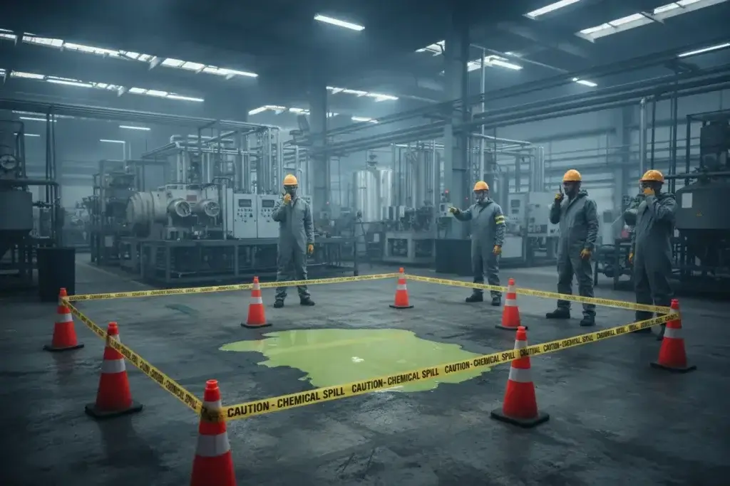 Rozlany, jaskrawozielony płyn chemiczny na posadzce wewnątrz surowej hali przemysłowej.