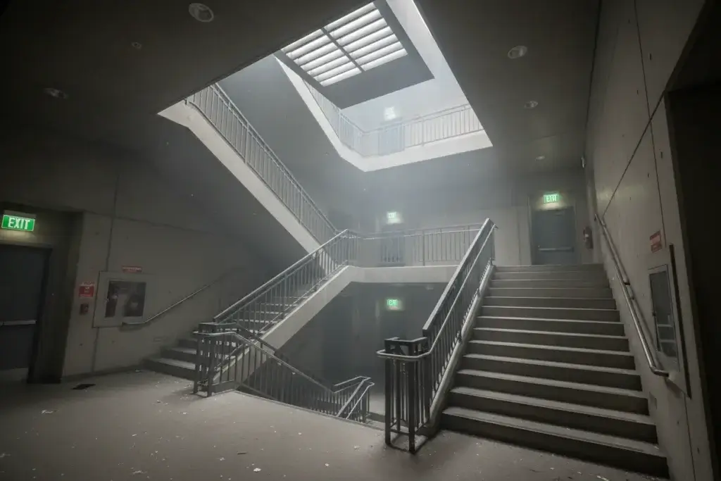 Wielopoziomowa, betonowa klatka schodowa wypełniona dymem pożarowym.